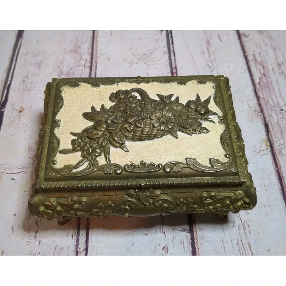 Vtg. Ornate Metal Footed Jewelry Casket Box Made In Japan